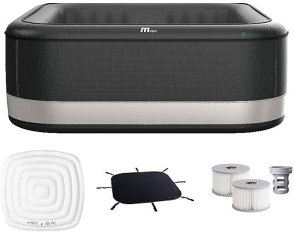 MSpa Portland Square Spa — A striking square spa in two-tone grey with a carbon-fibre texture, gentle bubble massage and built-in anti-ice protection.